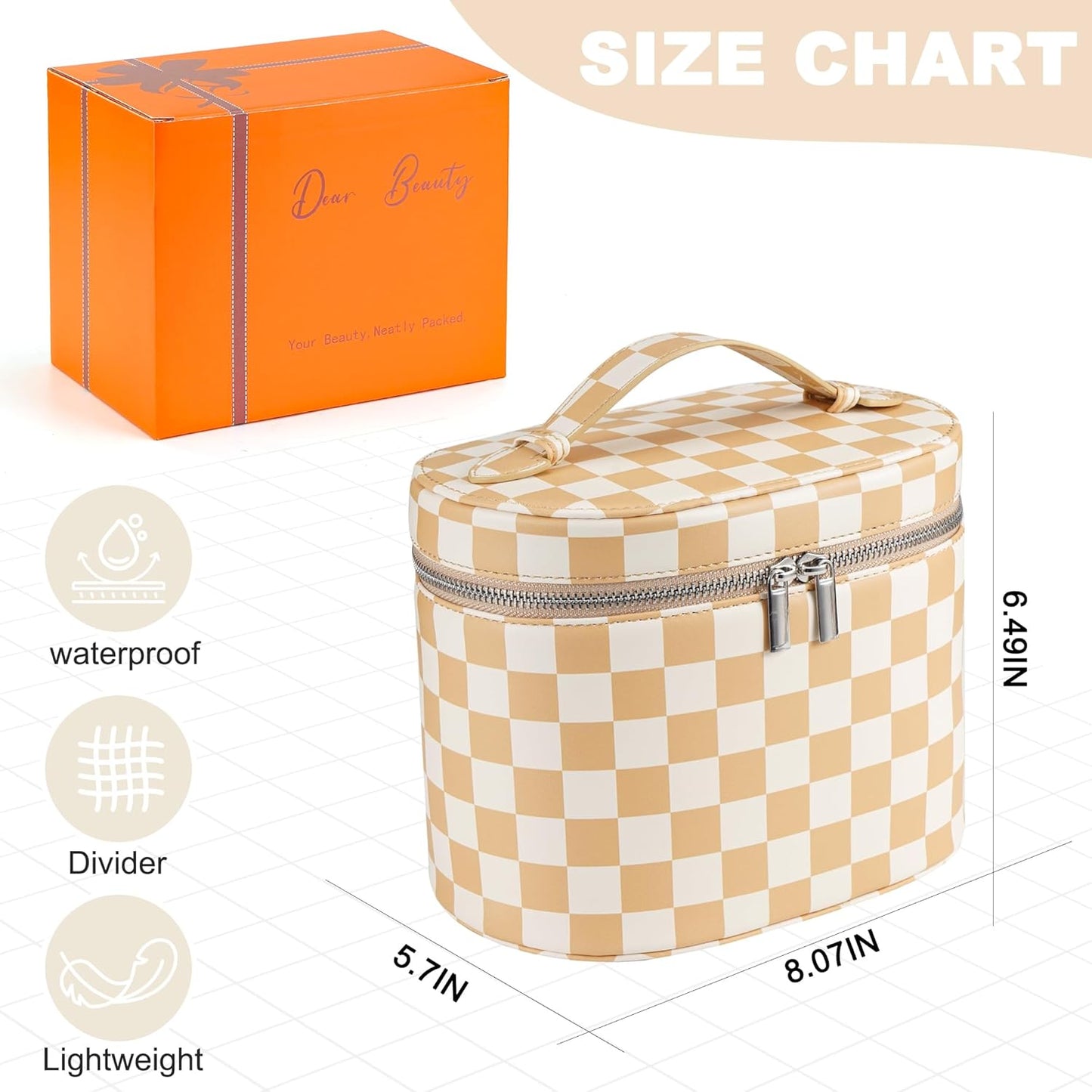 Makeup Bag Vanity Case Cosmetic Bag with Removable Divider Travel Toiletry Bag for Women Portable Make up Box Organizer, Beige and White