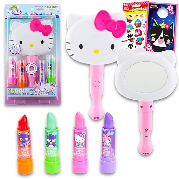 Hello Kitty Lip Balm Set - Bundle with Hello Kitty 4 Pack Lip Balm Plus Hello Kitty Light Up Mirror, Stickers, More | Hello Kitty Lip Balm for Girls