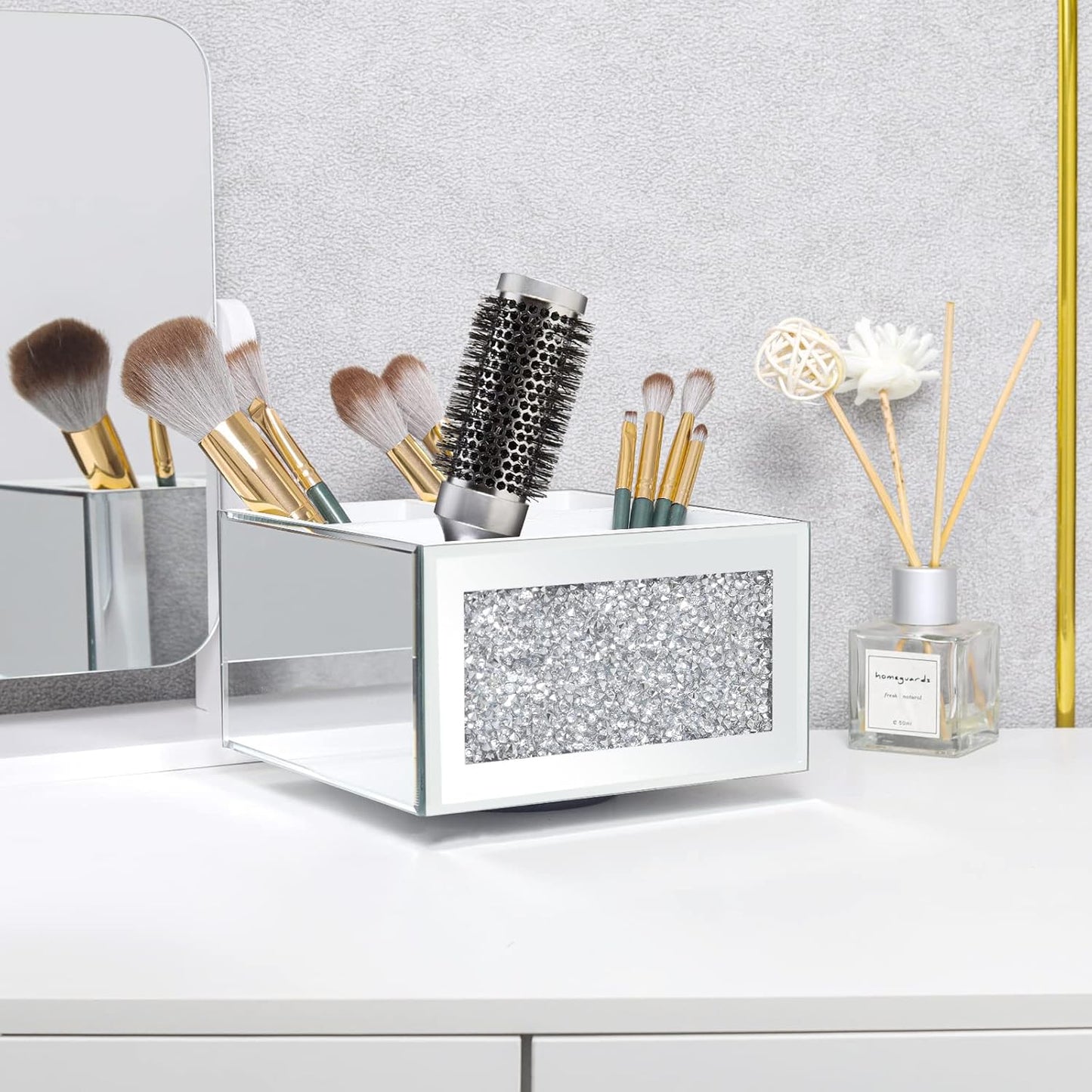 SWTHONY 360 Rotating Makeup Brush Holder Organizer, Silver Bling 4 Slot Crushed Diamond Glass Mirrored Cosmetic Brushes Storage, Eyeliners Eyebrow Pencil Display Case