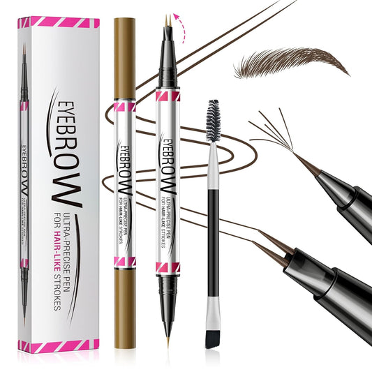 Microblading Eyebrow Pencils for Women - Eyebrow Pen 2-in-1 Dual-Ended Eye Brow Pencil with Precise 2-Fork-Tip & Brush-Tip Waterproof Eyebrow Pen for Hair-Like Brows, Last All Day, Dark Brown