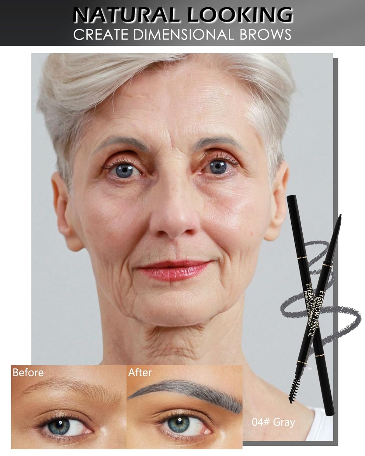 12Pcs Waterproof Gray Eyebrow Pencil Set, Professional Brow Micro Eyebrow Retractable Pencil, Ultra Fine Long Lasting for Perfect Eye Liner Brow Old Women Eye Makeup Shaping & Filling Brow Gel Pen- 04