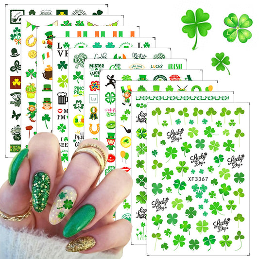 10 Pcs St. Patrick's Day Nail Art Stickers Luck of The Irish Nail Decals Shamrock Nail Stickers Green Spring Foil Decals Clover Nail Art Design Saint Patrick's Day Nail Decoration Supplies for Women