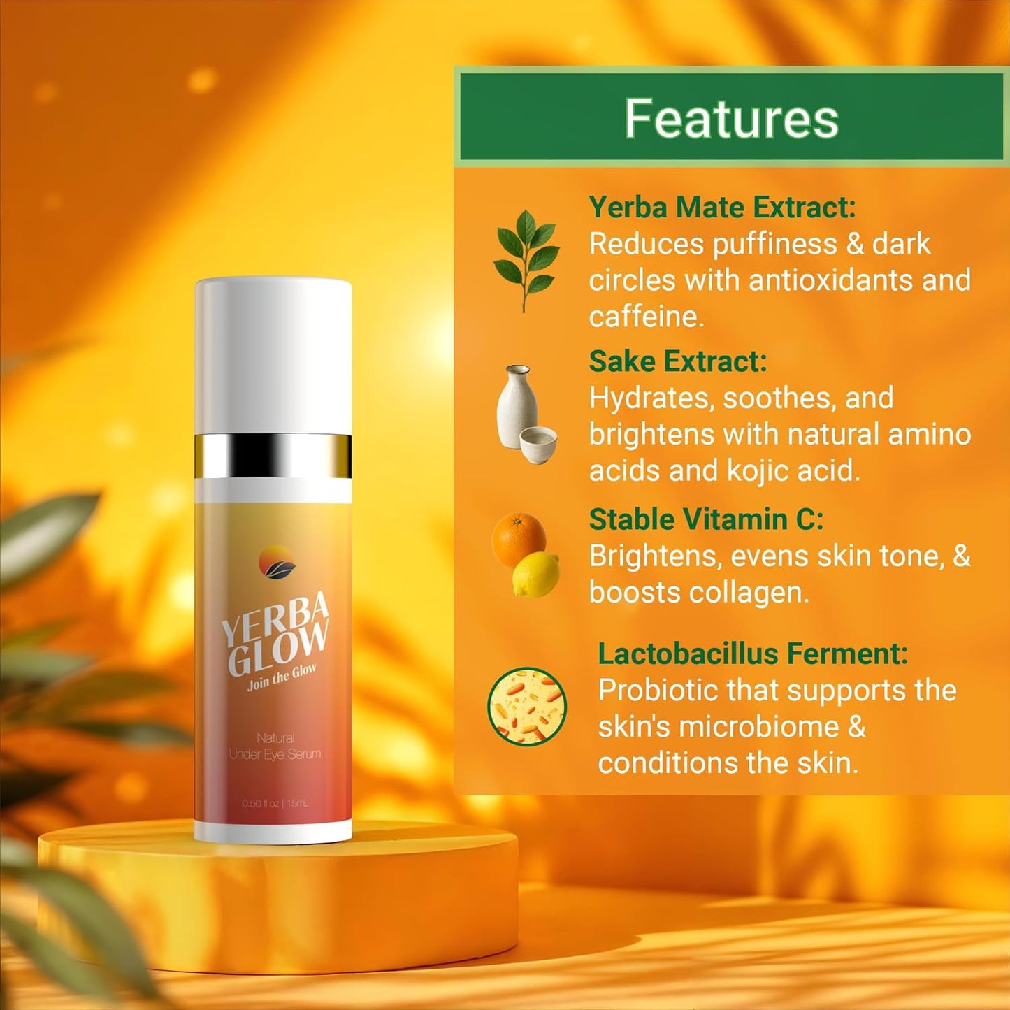 Caffeine Eye Cream – Yerba Glow Natural Under Eye Serum for Dark Circles, Puffiness & Fine Lines – Clean Hydrating Formula with Yerba Mate, Sake & Hyaluronic Acid