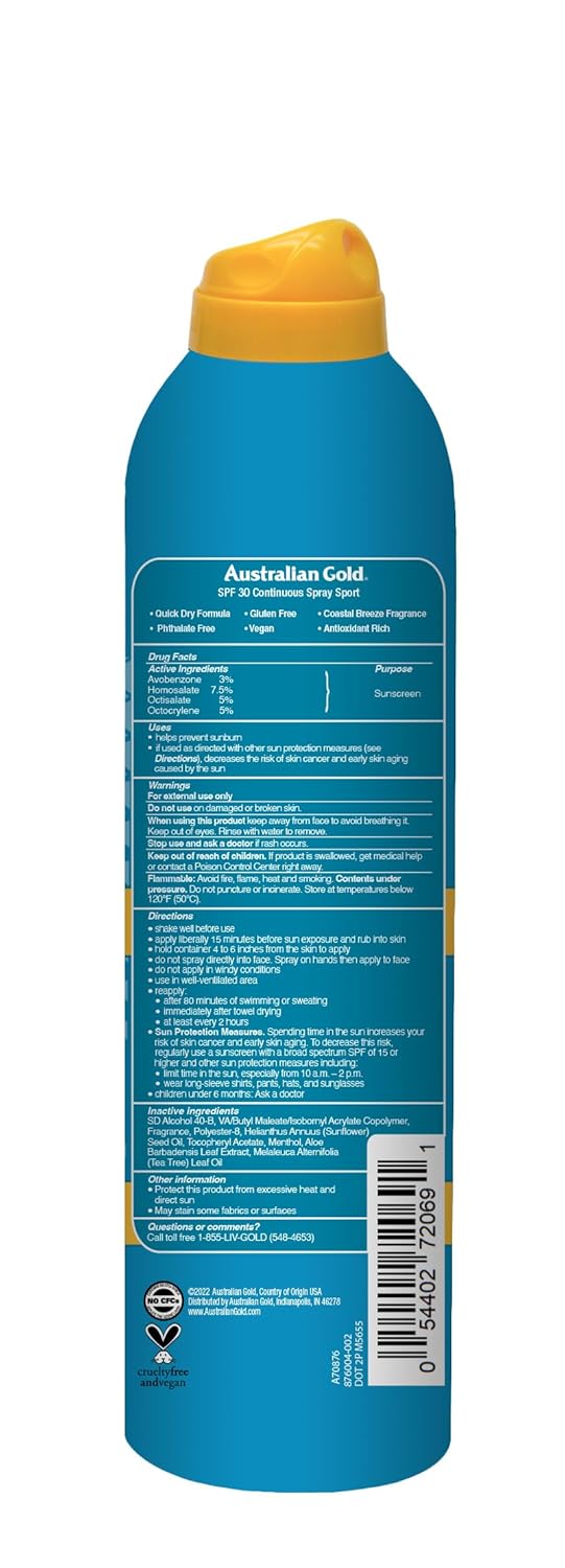 Australian Gold Extreme Continuous Spray Sunscreen SPF 30, Broad Spectrum, Sweat and Water Resistant, Non-Greasy, Oxybenzone Free, Cruelty Free, Sport-New, Coastal Breeze, 6 Ounce