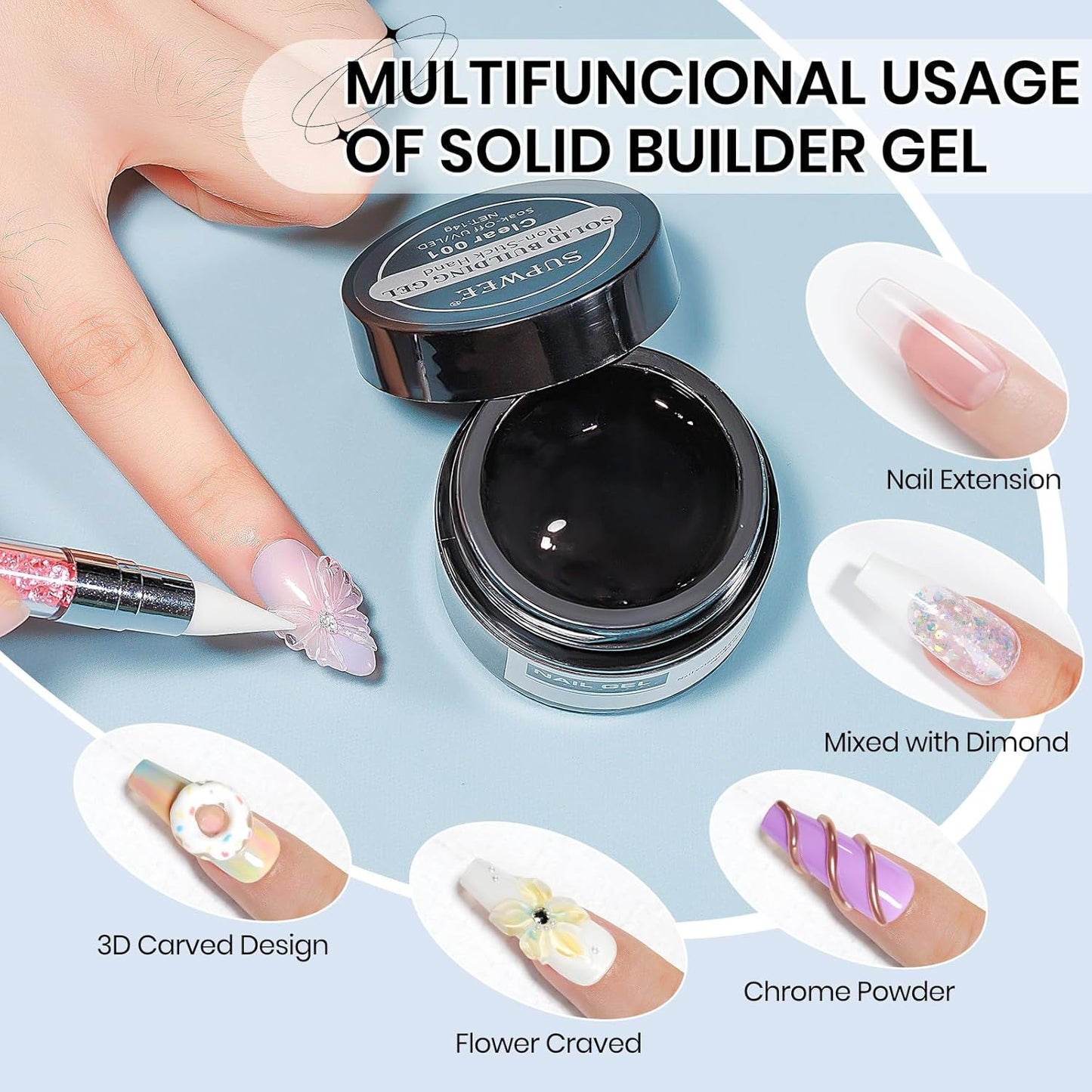 3d Gel Nail Art Set: Non Stick Hand Solid Builder Gel, No Wipe 3d Gels, 15g 3d Sculpting Gels All-in-1 Kit for Carving Moliding Extension Home DIY Manucure for Women Girls