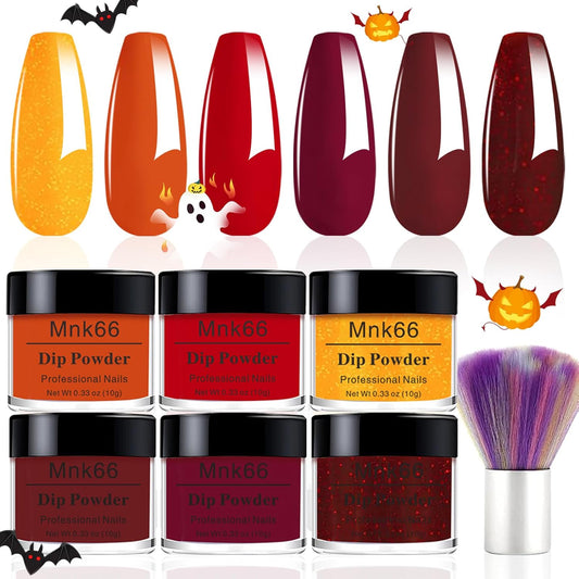 6 Colors Dip Powder Set, Red Orange Glitter Hallowen Dipping Powder Color Set, Glossy Nail Art Manicure DIY Salon Home Gift for Ladies (YYSDDPS-06-6pcs)