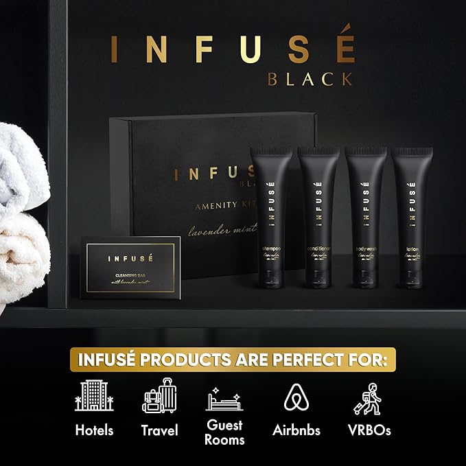 Infuse Black Amenity Kit | Boxed Hotel Toiletries | Bulk Set 1 oz Travel Size Shampoo, Conditioner, Lotion, Body Wash & Cleansing Bar for Guest Hospitality AirBnB/Vacation Rentals | 75 Pieces