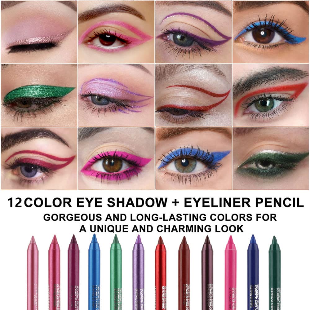 evpct 6Pcs Glitter Eyeliner Pencils Set delineadores de colores para ojos lapiz de ojos negro a prueba de agua Pink Rose Red Orange Purple Metallic Colorful Liquid Eye Liners Set for Women Waterproof
