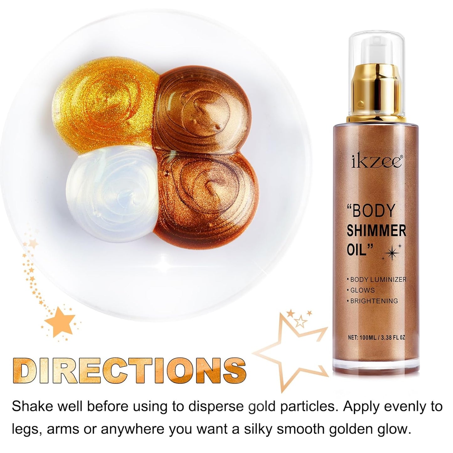 Shimmer Oil 100ml, Moisturizing Long Lasting Body Luminizer Face Brighten, Waterproof Liquid Illuminator Glow, Glitter Oil Highlighter Summer Glowing Makeup (#03 Bronze Gold)