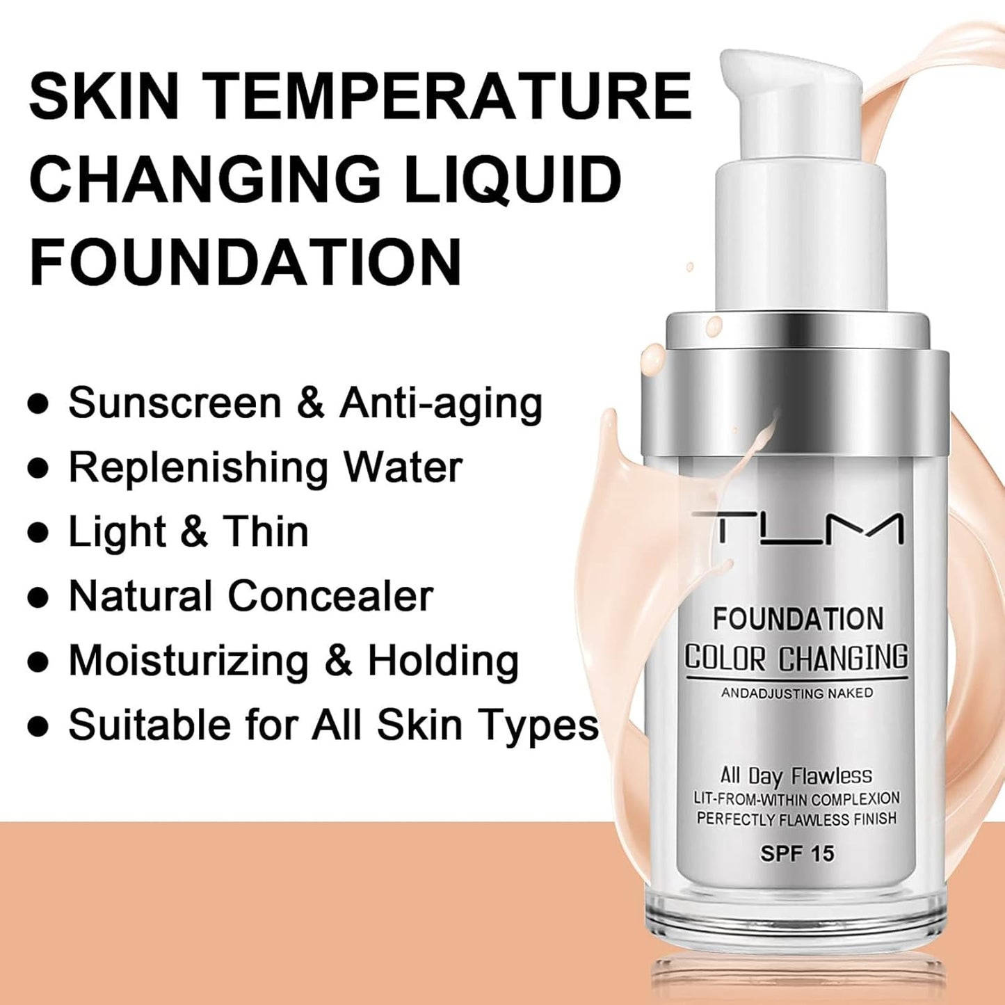 2 PACK TLM Color Changing Foundation Liquid Base,TLM Concealer Cover Cream,All Day Flawless Warm Skin Tone BB Cream Makeup Base Concealer for All Skin SPF15