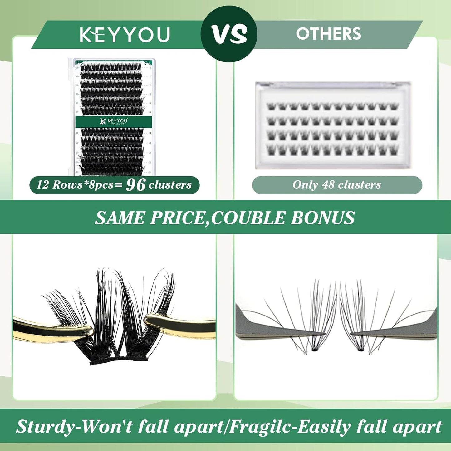 Lash Clusters 96pcs Individual Lashes Y10 D Curl 12mm Cluster Lashes KEYYOU Volume Wispy Lash Extension Soft&Comfortable Easy DIY at Home(Y10,D-12mm)