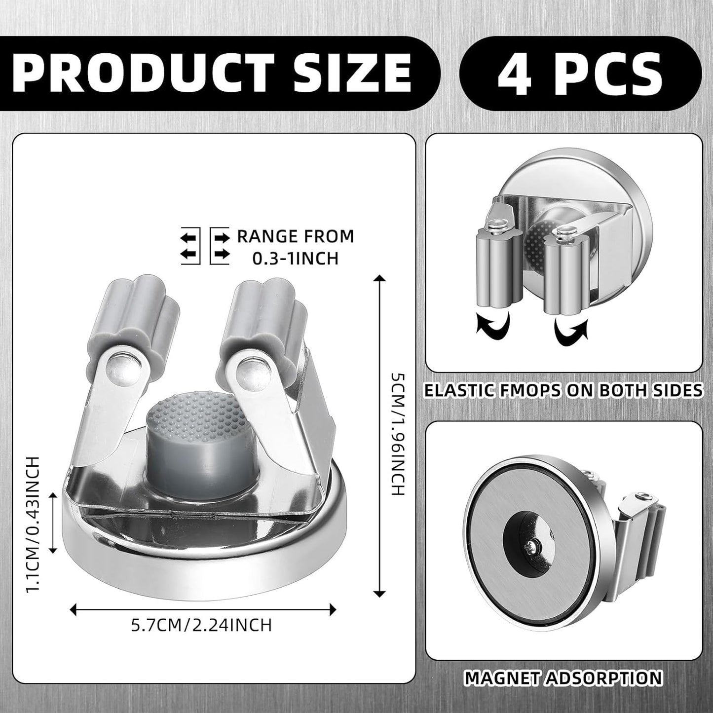 4 Pcs Magnetic Mop Broom Holder Movable Magnetic Broom Holder Rack, Anti Slip Wall Mounted Utility for Cleaning Tools, Garage, Kitchen, Laundry, Garden (Silver)