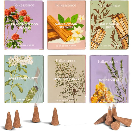 Folkulture Incense Cones Scented | Set of 6 (60 Cones) Pack for Relaxation | Palo Santo, Frankincense, White Sage, Sandalwood Inscents for Gifts for Her | Incense Cone Variety Pack