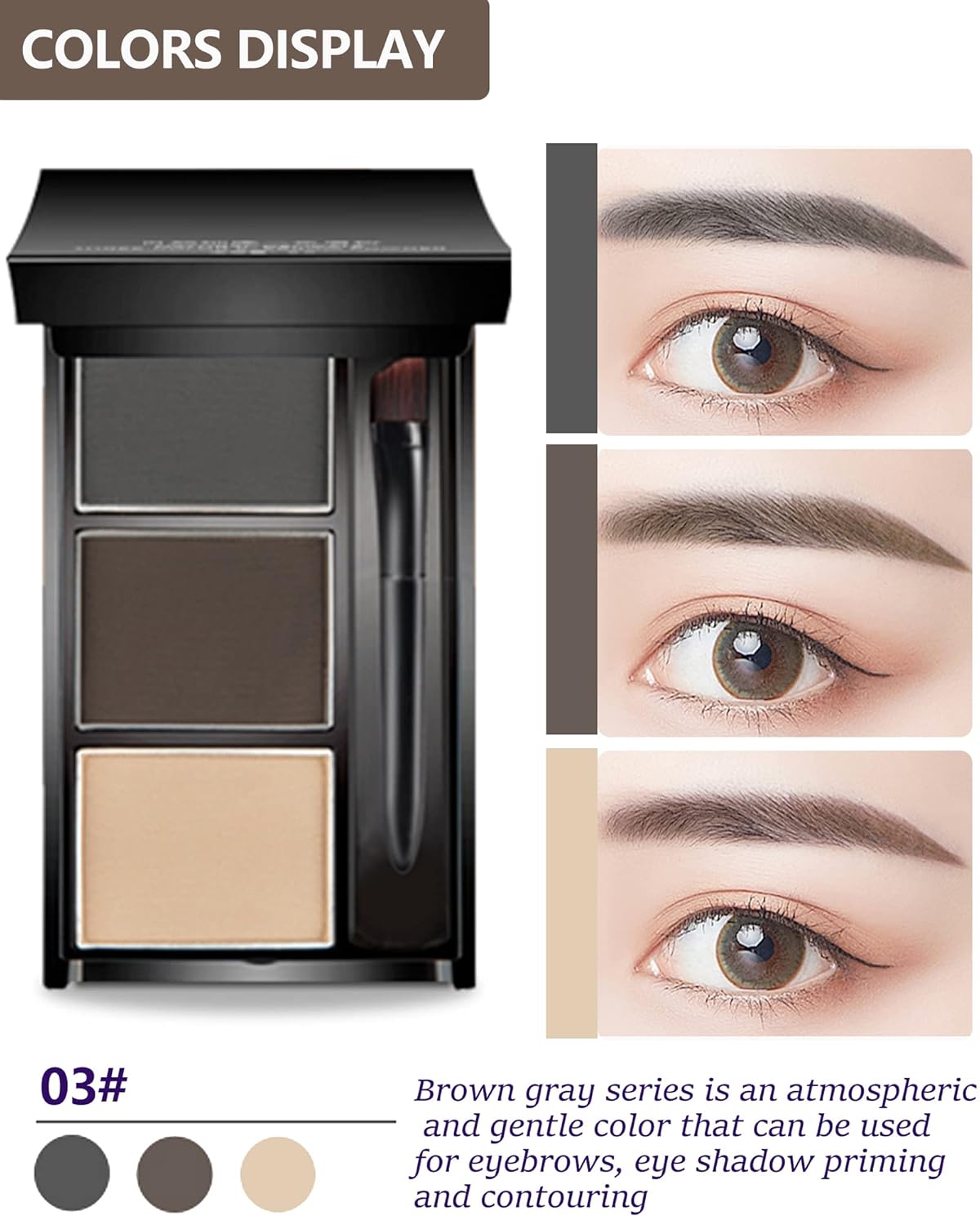 Eyebrow Powder Makeup Kit-3 Colors Eye Brow Powder Palette Long-Lasting Waterproof, Grey Brown Series Brow Filler, Fill & Sculpt Full Eyebrows for Women, With Mirror, Brow Brush & Razor-Set 03