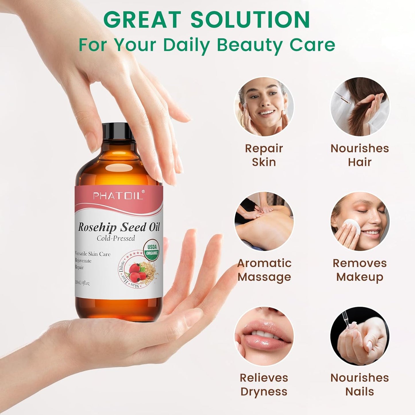 Organic Rosehip Seed Oil for Face 4oz/118ml, USDA Certified Organic Pure and Natural Cold Pressed Base Carrier Oil, Massage Gua Sha for Face and Body, Moisturizing for Hair and All Skin Type