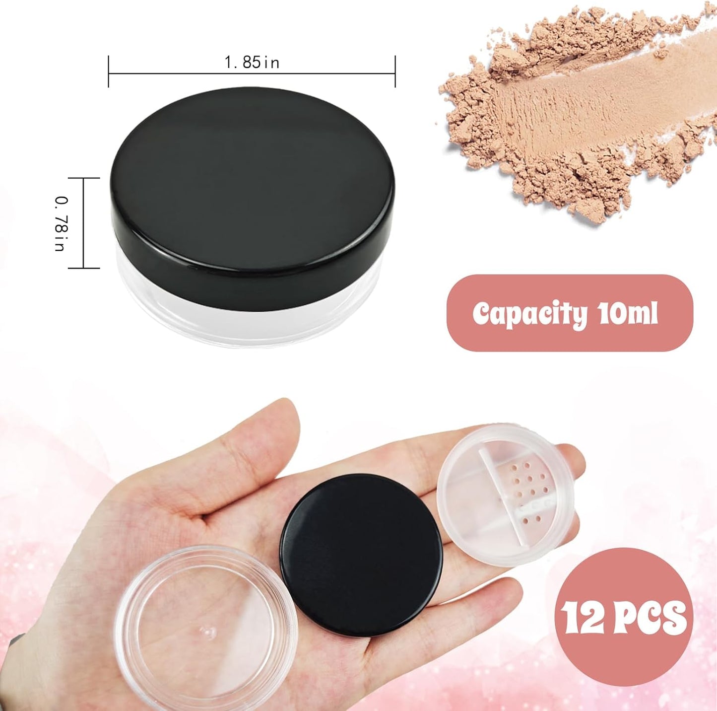 Nirvany 12Pcs 10ml Refillable Loose Powder Containers, Black Travel Makeup Jars with Rotating Sifter & Leakproof Screw Lids (12)