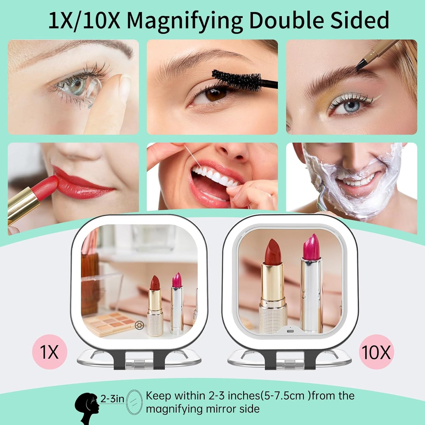 FASCINATE 10X Magnification Rechargeable Travel Makeup Mirror, 7" Lighted Portable Vanity Mirror with 3 Colors Lighting & Stepless Dimming, Double Sided LED Mirror, Gift for Women (Black)