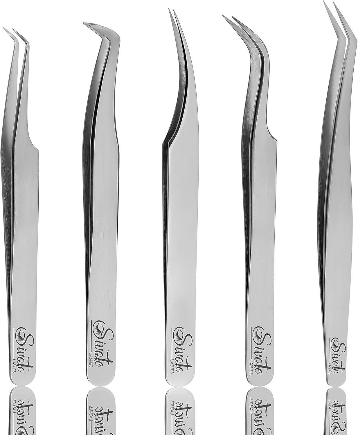 SIVOTE Eyelash Extension Tweezers for Classic & Volume Lashes, 5-Pack, Silver