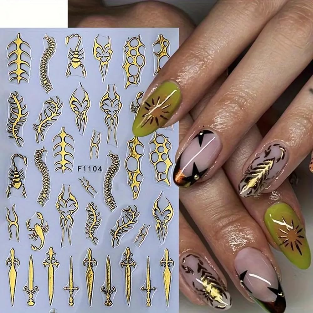 4 Sheets Goth Nail Stickers for Nail Art 3D Punk Style Black Belt Nail Art Stickers Gold Silver Flame Lines Nail Decals Self-Adhesive Centipede Thorn Vine Curves, Swords, Scorpion Patterns for Women