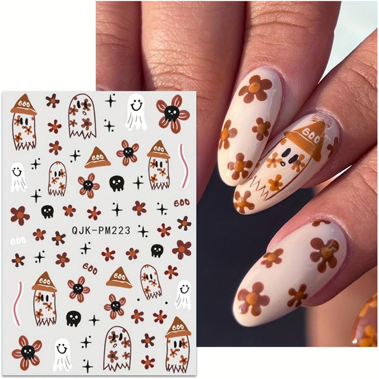 Halloween 9 Sheets Cute Nail Stickers Decals for Art - Ghost, Brown Flower, Pumpkin - Fall Self-Adhesive 3D DIY Supplies for Women, Girls & Kids