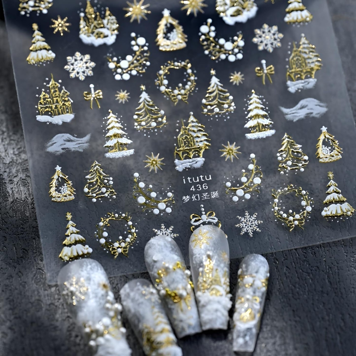 Christmas Nail Art Stickers 5D Embossed Xmas Tree Snowflake Nail Decals White Gold Christmas Nail Stickers for Nail Art Self Adhesive Nail Supplies Design for Women Girls