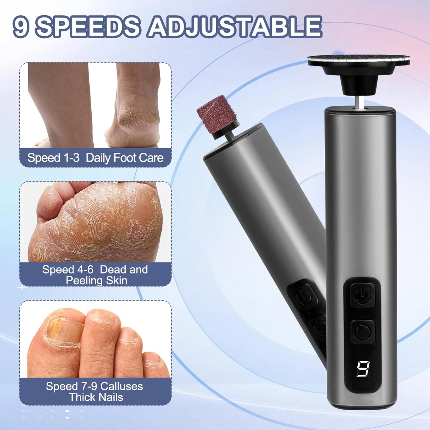 Electric Foot Callus Remover，2 in 1 Callus Romover for Feet, 9 Speed Adjustable Professional Electric Foot Sanders with Rechargeable Battery, Foot File Pedicure Foot Scrubber for Women Men