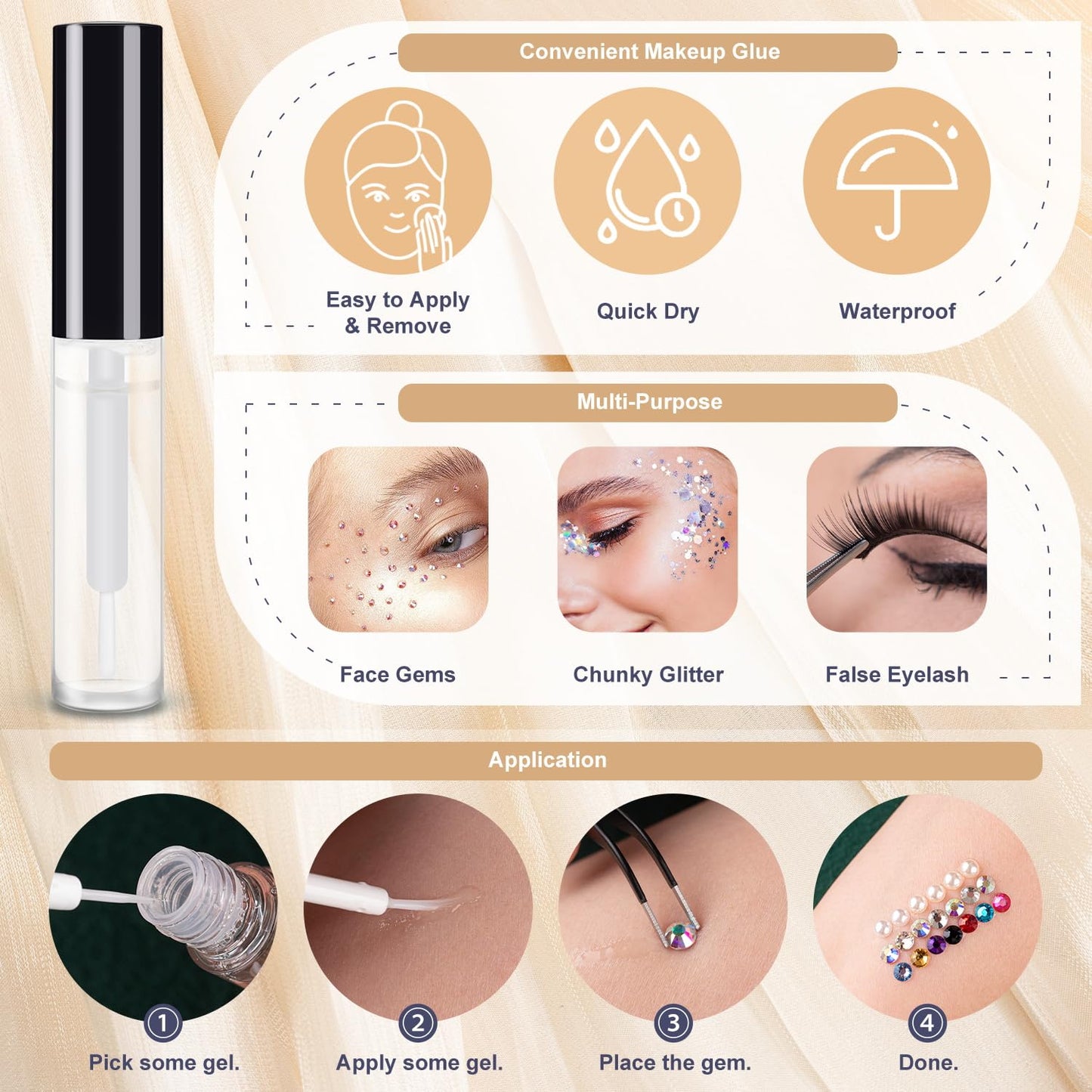 Colorful Face Gems for Makeup Set, Flatback Gorgeous AB Gems+Mixed-Colored Chameleon Crystals with Makeup Glue+Picker Pencil+Tweezer+Dual-End Dotting Tool for Eye Body Hair Make-up and Nail Art Deco