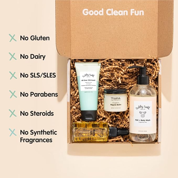 Tubby Todd New Baby & Mom Sensitive Skincare Kit - The Mama + Baby Gift Set - Baby Shampoo and Body Wash, All Over Ointment, Belly Oil & Nipple Balm - Standard Size Fragrance-Free