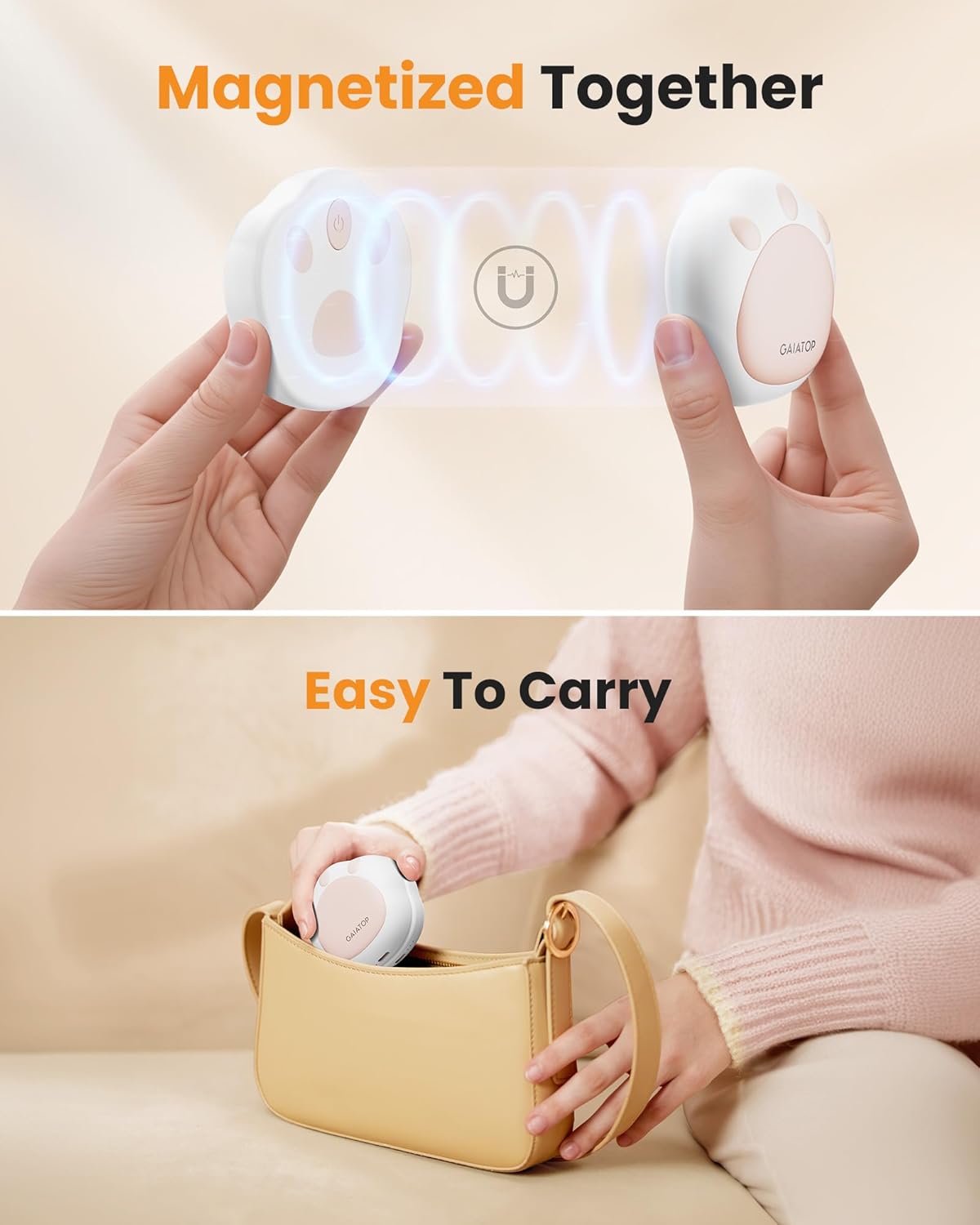 Gaiatop Hand Warmers Rechargeable, 2 Pack Cute Cat Paw Design 3 Levels Magnetic Electric Pocket Heater, Reusable Portable Hot Hands Gifts for Women Men Cat Lover