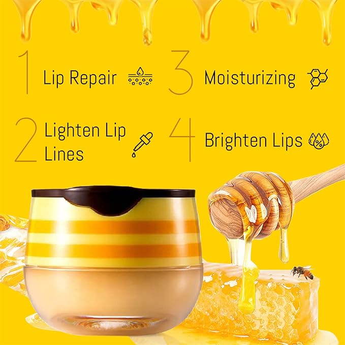 2PCS Bee Lip Balm Honey Pot, Honey Pot Lip Balm for Dry Cracked Lips, Strawberry Lip Balm Scrubs Exfoliator & Moisturizer, Hydrating Lip Balm Honey Pot with Wand, Lip Sleeping Mask (A)