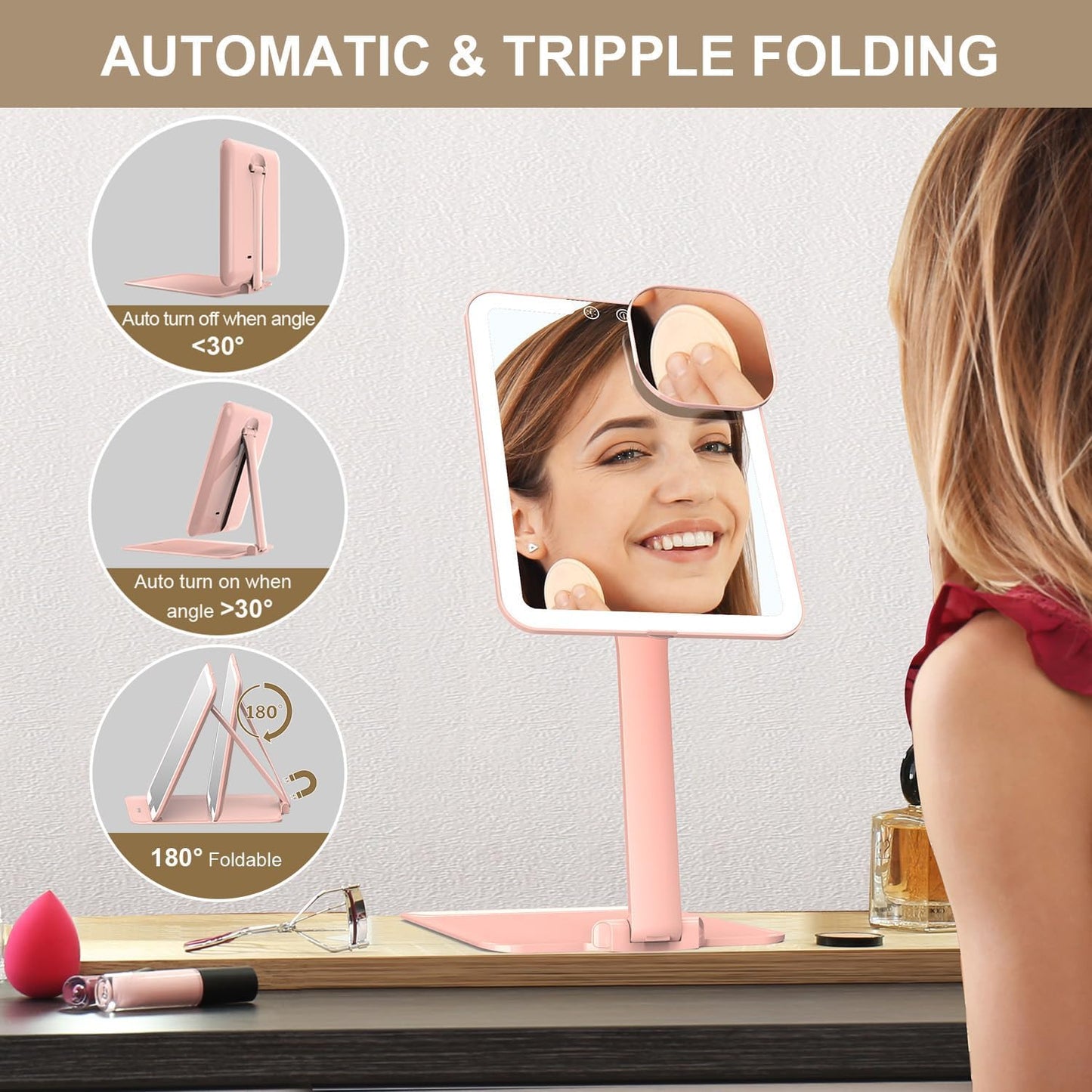 Mocado Travel Makeup Mirror with Light - 7x5 Inches Tripple Folding Travel Mirror with Light, 3 Colors Lighted Makeup Mirror, Portable Makeup Mirror, Freely Adjust Height and Angle(Pink)