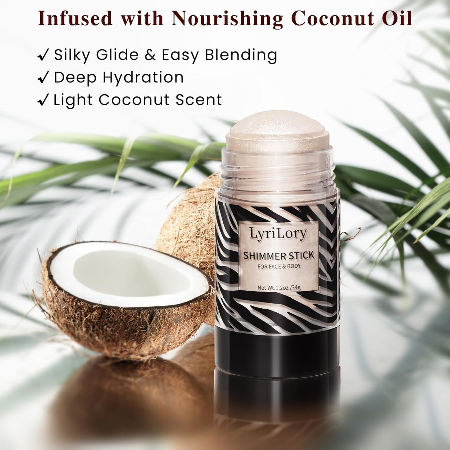 Highlighter Stick, Multi-Use Shimmer Makeup, Creamy Highlighter Makeup Stick with Hydrating Coconut Oil, Easy Blend for a Translucent Radiant Glow, For Face & Body | 1.2oz | Ivory Champagne