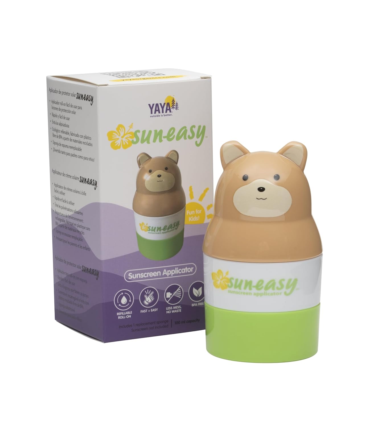 Sun-Easy Sunscreen Applicator, Refillable Roll-On with Sponge for Kids and Babies, Fun, Fast and Mess-Free application, Holds 100 ml, Bear/Green Cap