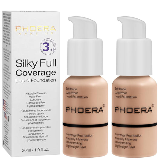 PHOERA Foundation, PHOERA Matte Liquid Foundation,PHOERA Makeup for Women, PHOERA Foundation Full Coverage Concealer, 30ml 24HR Matte Oil Control Concealer (103- Warm peach*2)