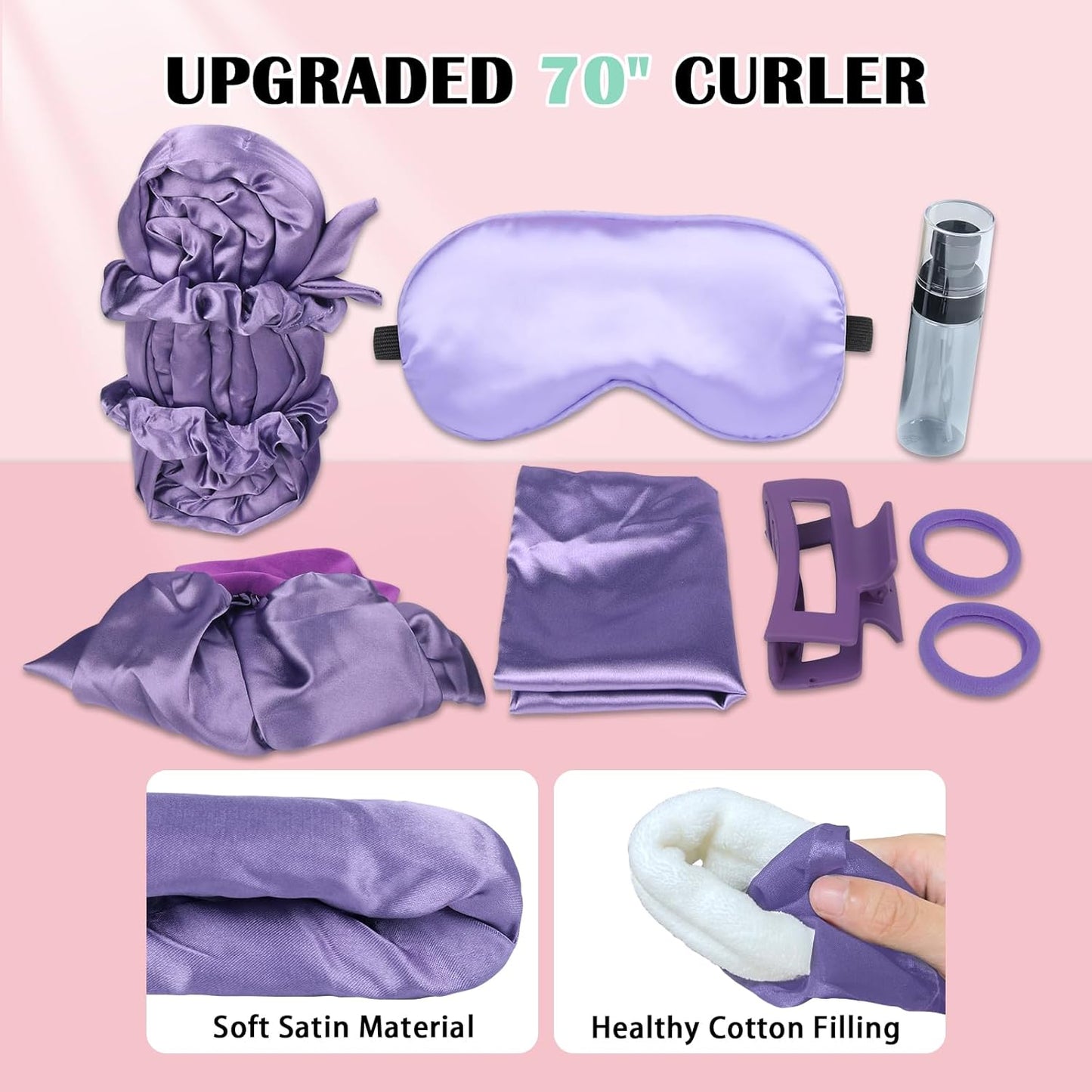 Satin Heatless Curls Overnight Hair Curlers to Sleep In Hair Curler Rollers No Heat Hair Wrap for Curls Headband, 70" Satin Heatless Curling Set for Women Long Waves Hair Volume -Purple 10 PCS