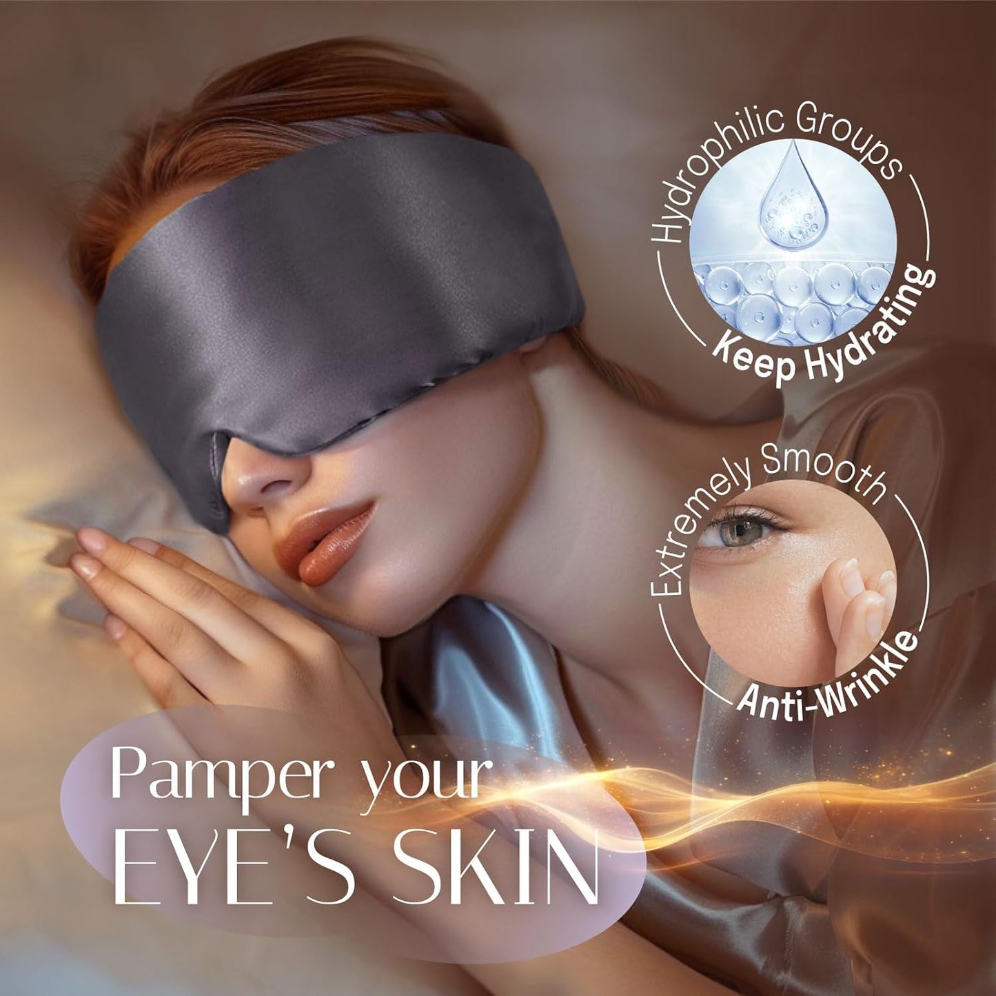 Silk Sleep Mask Soft Pressureless: 100% Mulberry Silk for Eye Skin Anti Wrinkles, Large Size for Total Blackout, Adjustable Wide Velcro Ear Cover, Charcoal