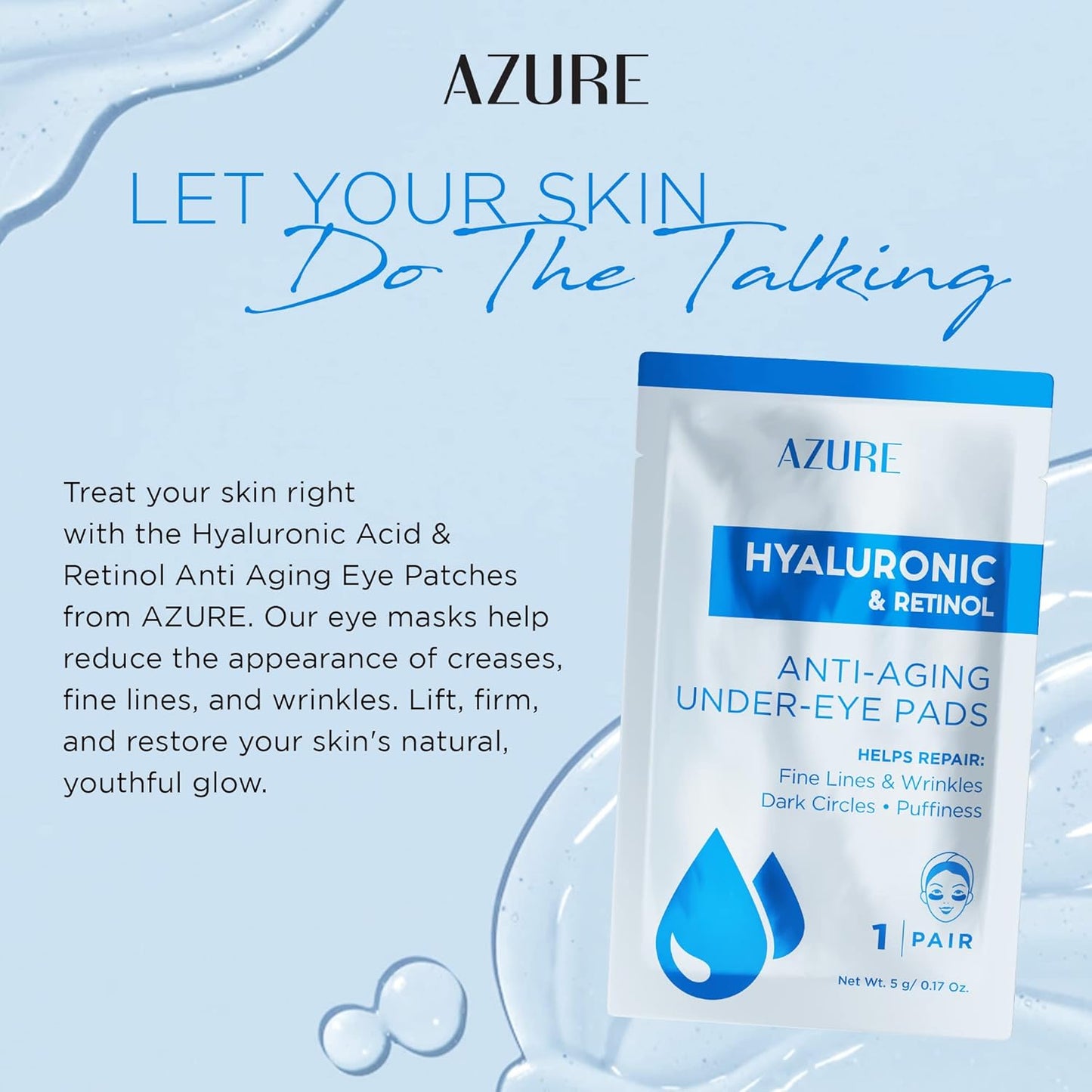 AZURE Hyaluronic & Retinol Anti Aging Under Eye Pads- Moisturizing & Rejuvenating Eye Mask Patches - Reduces Fine Lines, Wrinkles, Dark Circles & Puffiness - Skin Care Made in Korea - 5 Pairs