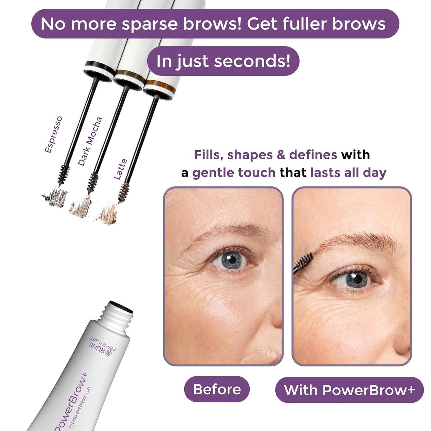 PowerBrow+ Tinted Eyebrow Gel For Older Women - Defines, Fills, Thickens Brows - 2-in-1 Formula - Natural Color, Quick Fixing, Long-Lasting - Hypoallergenic Medium Brown (Mocha)