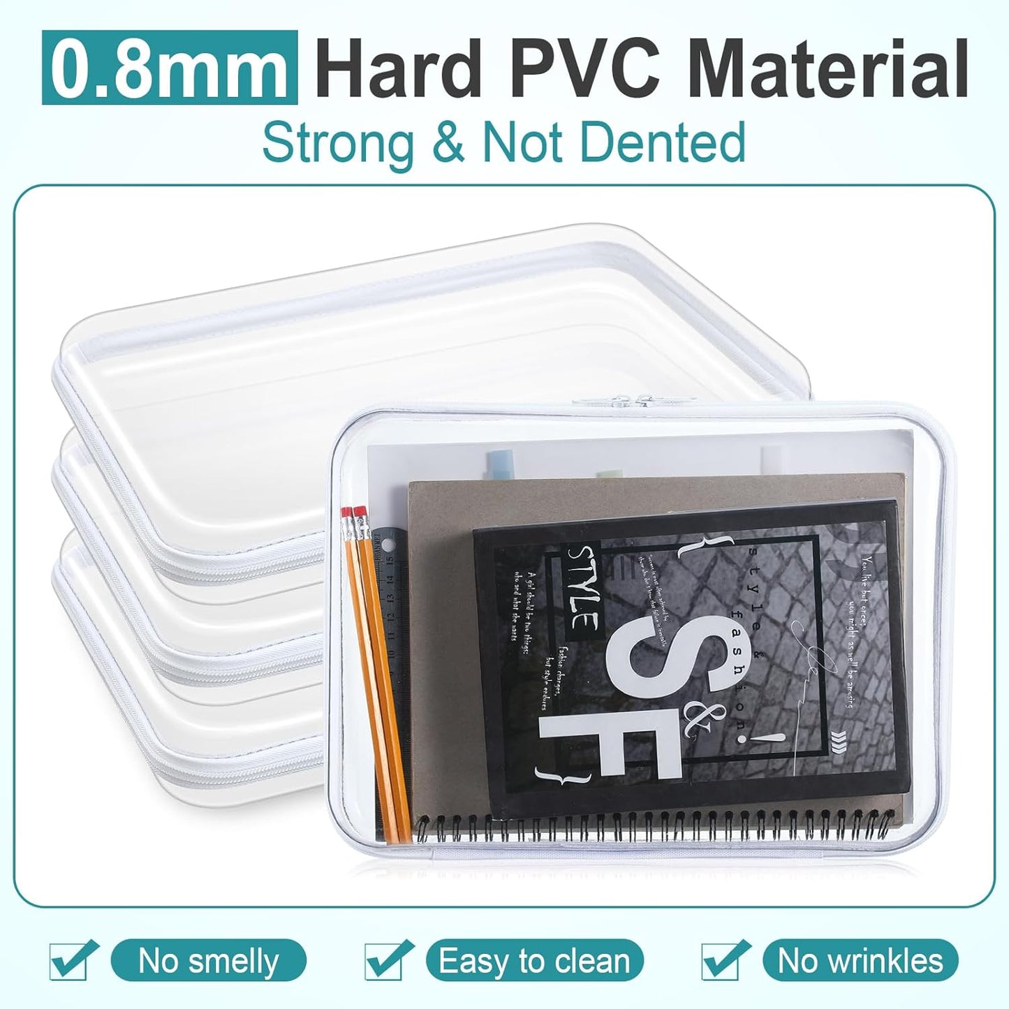 Sanwuta 6 Pcs Clear Hard Zipper Case Pencil Pouches Hard Plastic Zipper Pouches Makeup Bag Transparent Cases for Snacks Plastic Storage Organizer Box for Travel(White,12.6 x 9 x 2 Inch)