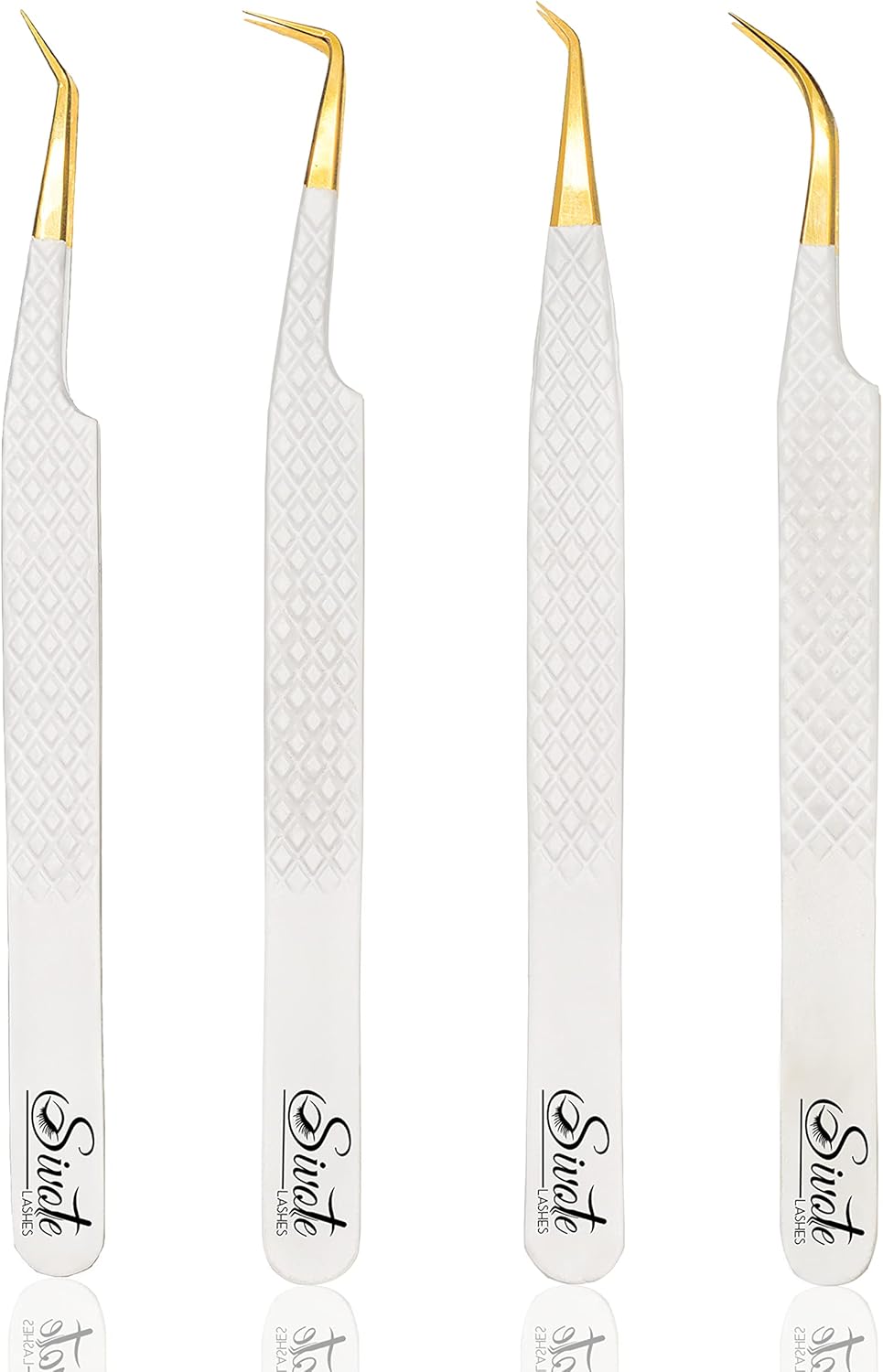 SIVOTE Fiber Tip Lash Tweezers for Eyelash Extensions with Diamond Grip, White, Set of 4 - Precise Tips Japanese Steel for Classic, Volume & Mega Volume Lashes, Anti-Rust - Ideal for Lash Artists