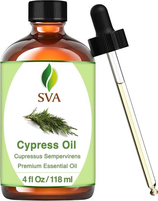 SVA Cypress Essential Oil – 4 Fl Oz – 100% Natural Cypress Oil - for Diffuser, Hair Care, Face, Skin Care, Aromatherapy, Scalp and Body Massage, Soap and Candle Making – with Dropper