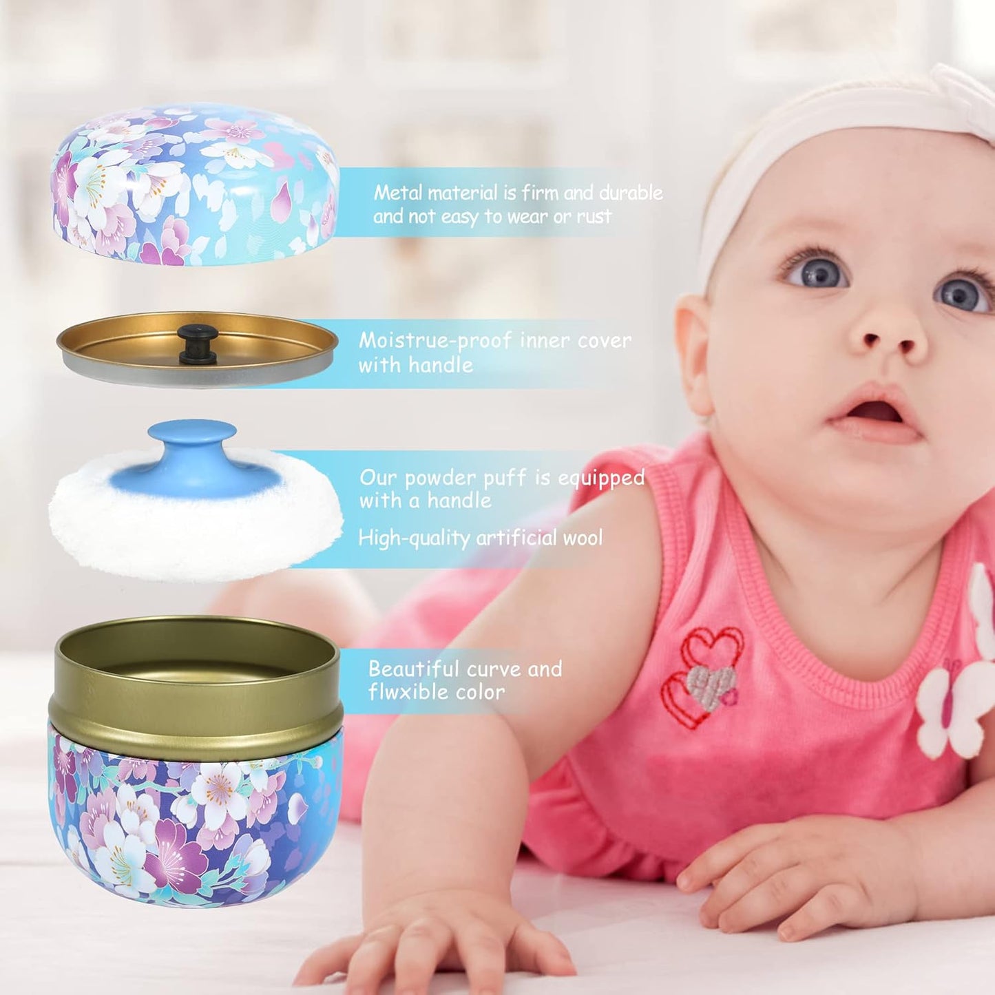 WEMEGA Body Powder Case with Powder Puff Powder Container Tea Box for Baby and Women Powder Puff and Powder Case for Travel (Flower Blooming1)