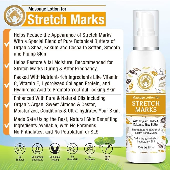 Mom & World Massage Lotion For Stretch Marks -120ml - With Organic Olivates, Kokum & Shea Butter