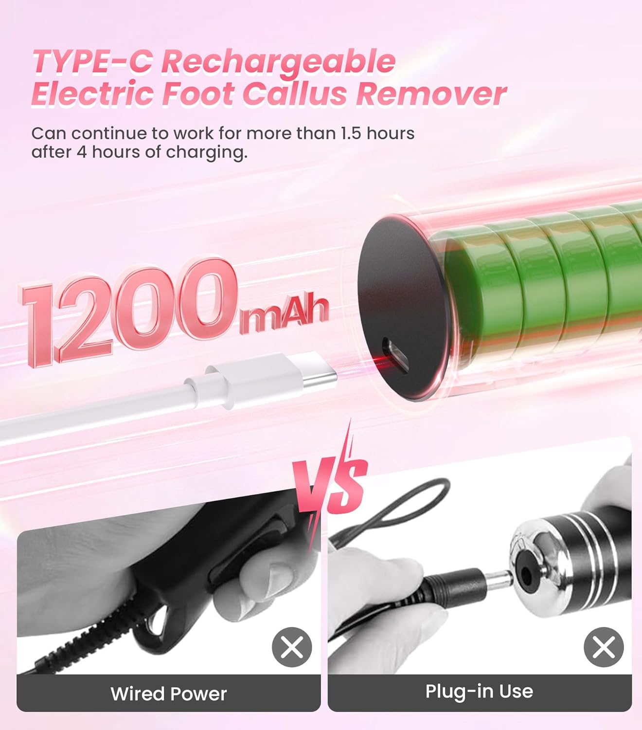 Electric Foot Callus Remover, 6 Speeds 2-in-1 Rechargeable Electric Foot File & Nail Grinder, Callus Remover for Feet Pedicure Tools with Sandpaper Disc for Dead Skin - Pink