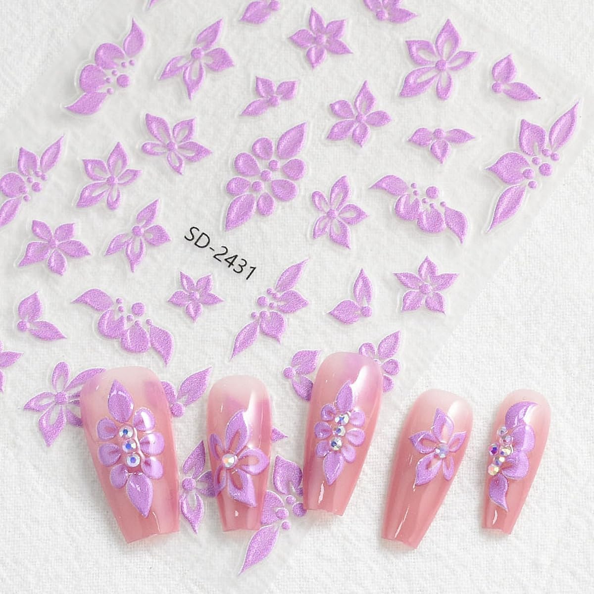 Flower Nail Stickers 5 Sheets Self-Adhesive Floral Nail Decals 5D Embossed Pink Purple Blue Nail Art Stickers Flower Pegatinas para Uñas for Women DIY Manicure Accessories Decorations