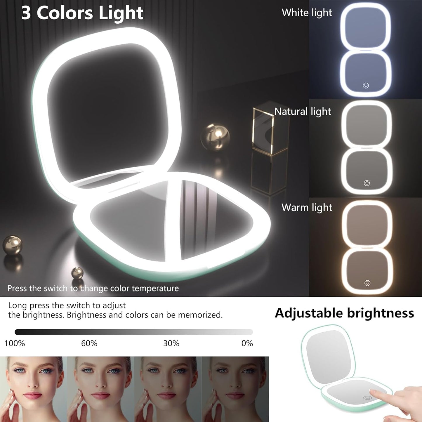 Portable Compact Mirror with Lights,15X Magnifying Pocket Mirror for Purse, Dual LED Travel Mirror with 3 Color Modes, Auto Shut-Off, Small Mirror Compact, Perfect Makeup Travel Essential