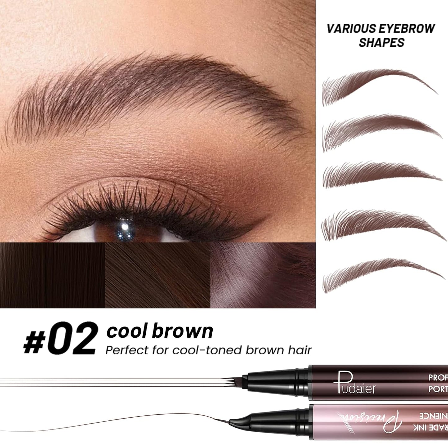 2 Pack Eyebrow Pen, Waterproof Microblading Eyebrow Pencil, 2-in-1 4 Tip Eye Brow Makeup Pen for Women with Precise Curved Brush-Tip Create Natural Hair-Like Brows, Last All-Day (Cool Brown)
