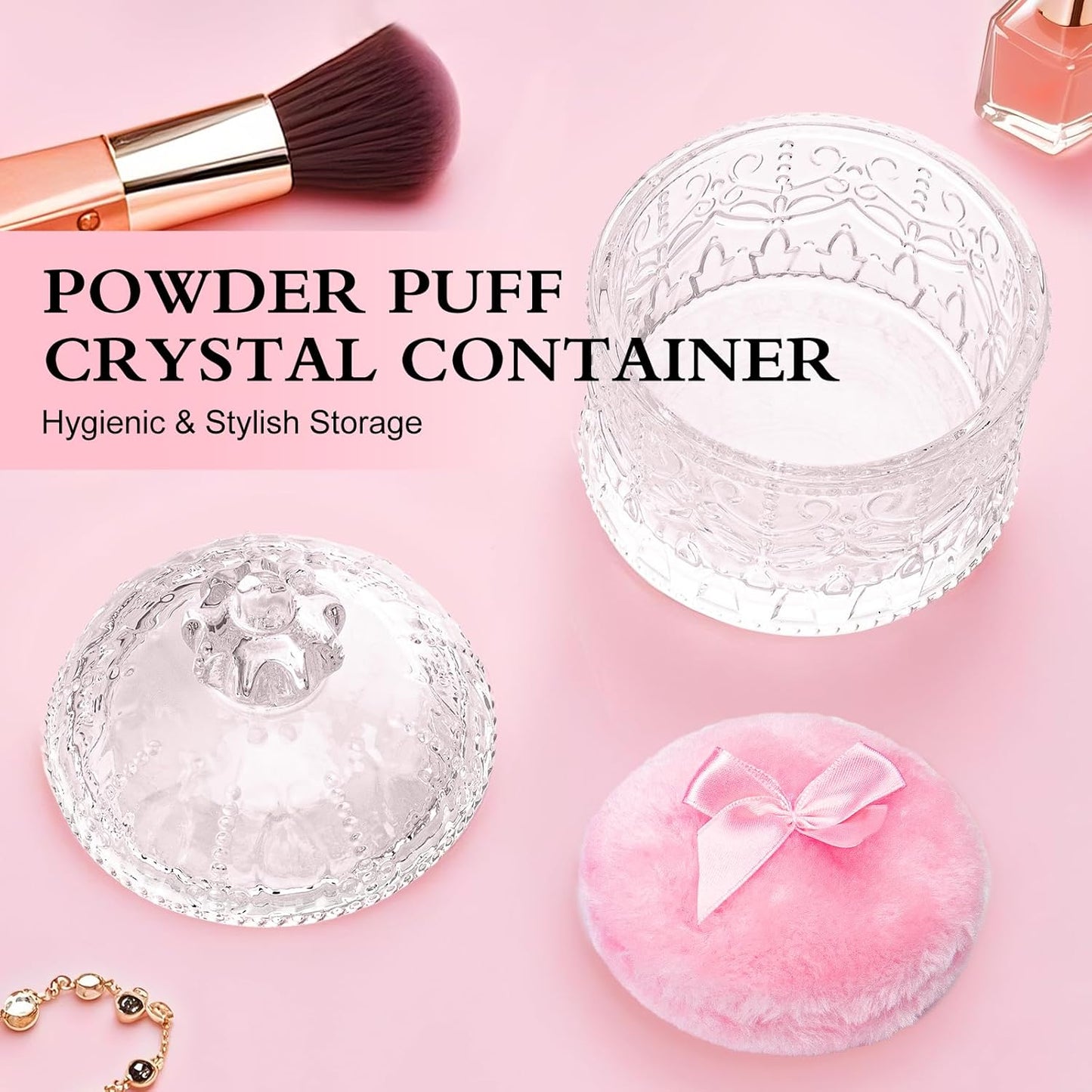 2 Pcs Large Body Powder Puff and Container Powder Container with Puff, Dusting Powder Puff Crystal Case, Body Powder for Women Soft Washable Reusable Velour Face Body Glitter Wet Dry Makeup(Crown)