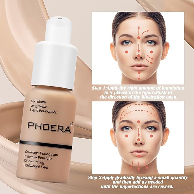 PHOERA Foundation Makeup Naturally Liquid Foundation Full Coverage Mattle Oil-Control Concealer 8 Colors Optional,Great Choice For Gift (2pcs,#103 Warm Peach)