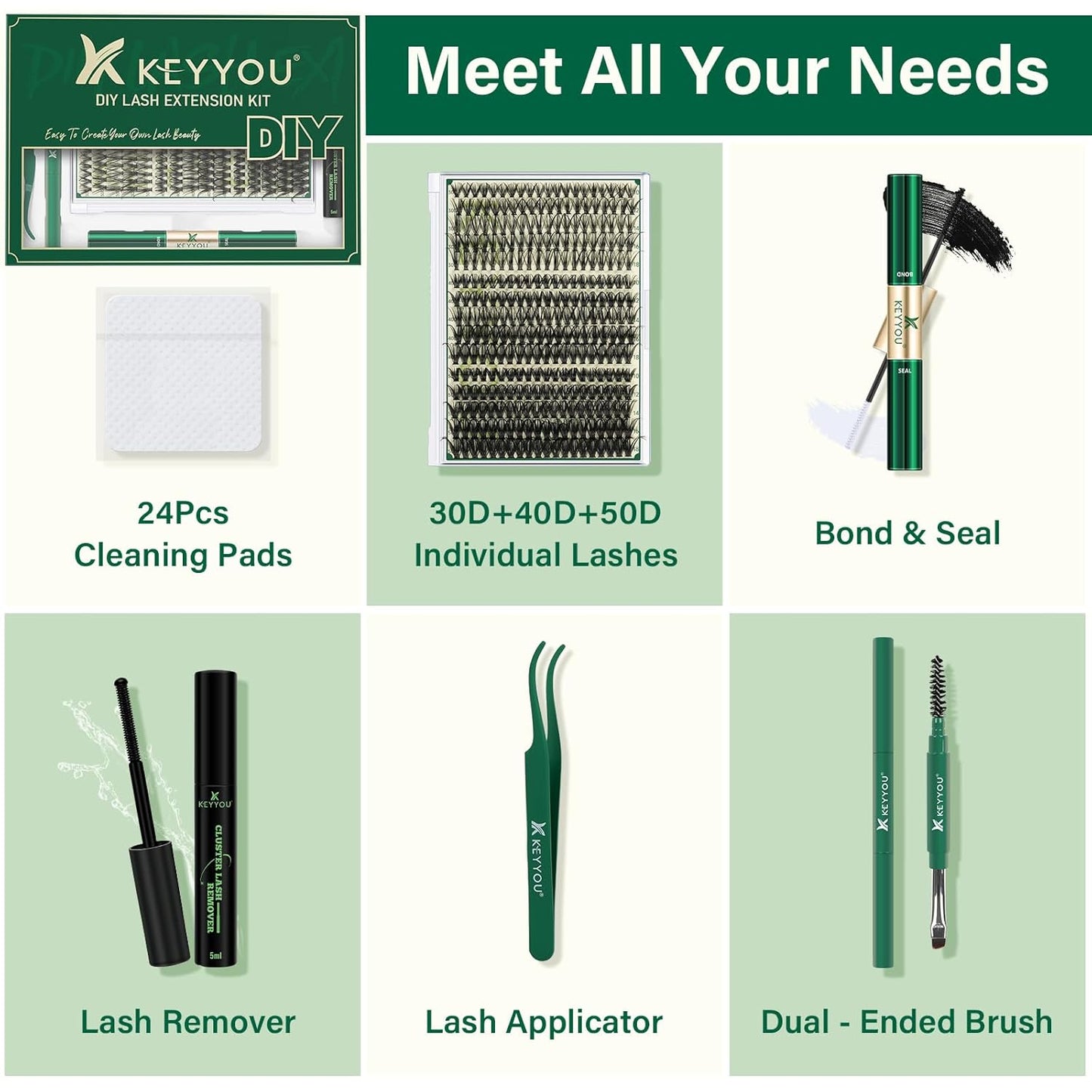 KEYYOU Lash Extension Kit DIY 300Pcs Lash Clusters Eyelash Extension Kit Lash Clusters Kit with Lash Glue Remover Applicator Easy to Use for Beginners(Kit,30D40D50D-D,8-16MIX)